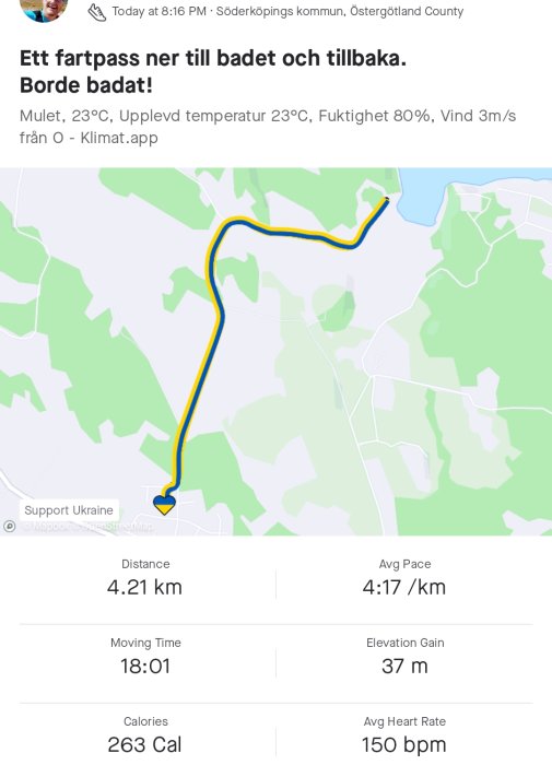 Löprundekarta med en gul spårlinje som visar en distans på 4,21 km, tider, och statistik över träningen.