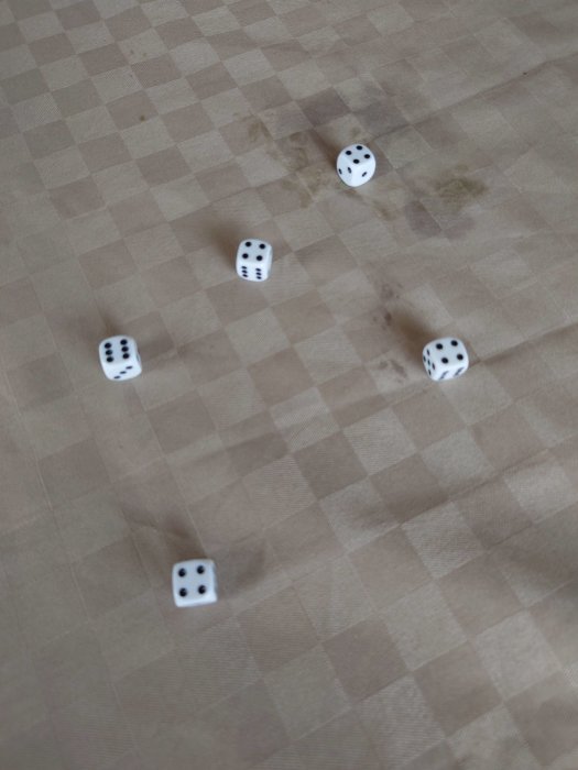 Fem tärningar på rutigt underlag visar en kombination som ger 63 poäng i ett spel.