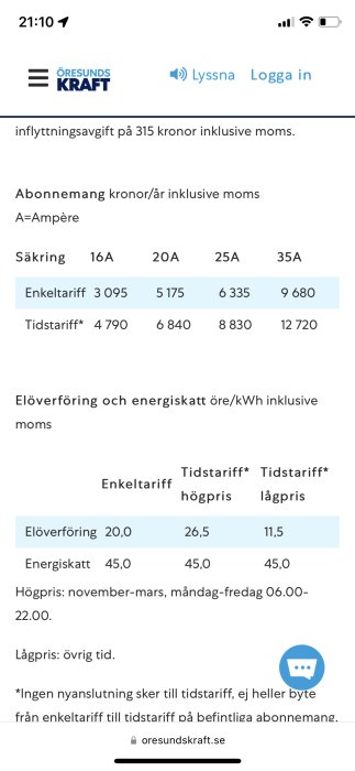 Skärmdump från Öresundskrafts webbplats som visar priser för enkeltariff och tids-/dubbeltariff baserat på säkring storlek.