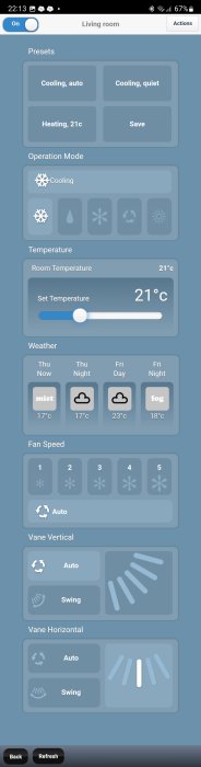 Skärmdump av en digital termostat med inställningar för kylning, uppvärmning, rumstemperatur och fläkthastighet.