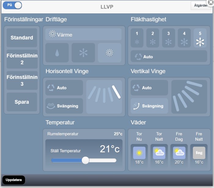 Skärmdump av kontrollpanelen för värmepump med inställningsalternativ för driftläge, fläkthastighet och temperatur.