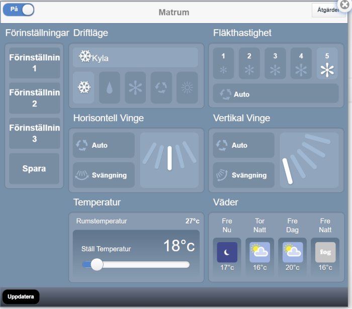 Skärmdump av ett klimatsystemgränssnitt med inställningar för kyla, fläkthastighet, och rums-/inställd temperatur.