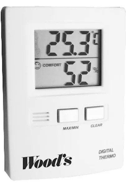 Digital väggmonterad termo-hygrometer från Wood's visar temperatur 25.3 °C och luftfuktighet 52 %.