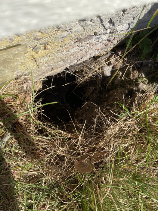 Hål i marken vid fasad där avluftningsrör tidigare var installerat, omgivet av gräs och sten.