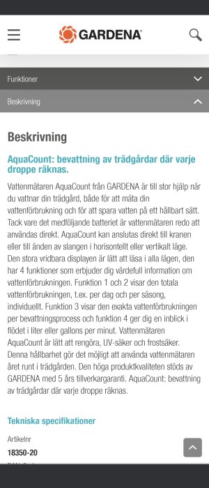 Skärmdump av GARDENA AquaCount vattenmätare beskrivning från en webbsida.