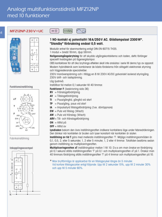 Schematisk bild av en analog multifunktionsströmbrytare MFZ12NP med textbeskrivning och kopplingsdiagram.