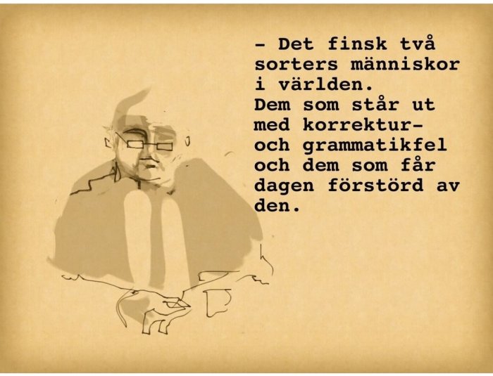 Illustration av person med glasögon och text om två sorters människor relaterade till stavfel.