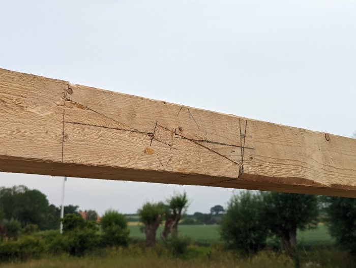 Hammarband i trä med utsatta snittmarkeringar mot en otydlig naturbakgrund.