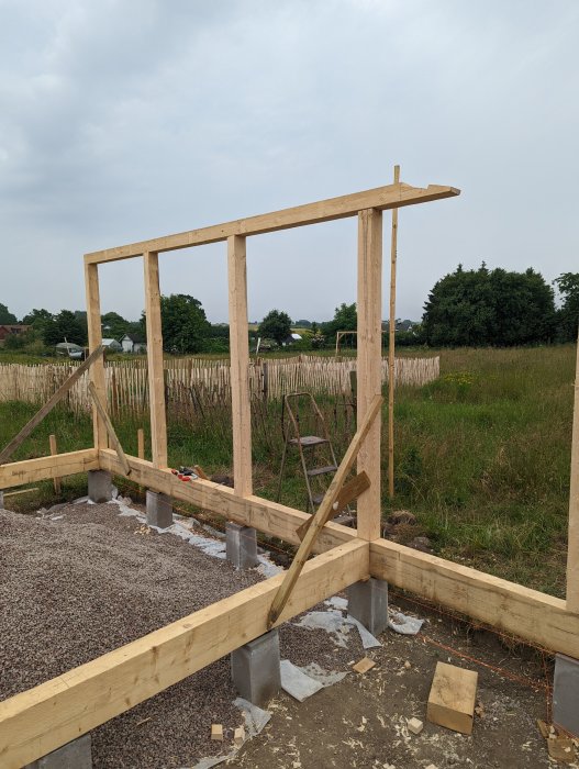 Trästomme för byggnad under konstruktion med hammarband och stolpar, blixtskarv synlig, mot öppet landskap.