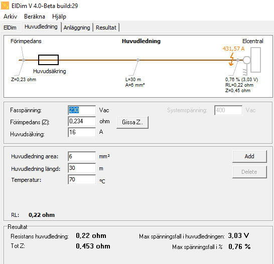 Skärmdump av programvara för beräkning av maxlängd på elektrisk ledning med specifika parametrar.