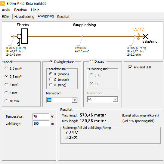 Skärmdump av ELDim V4.0-Beta som visar beräkning av max kabellängd och spänningsfall.