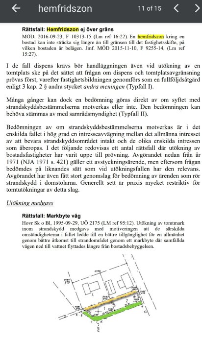 Skärmdump av en juridisk text om hemfridszon med en illustration av markområden och byggnader.