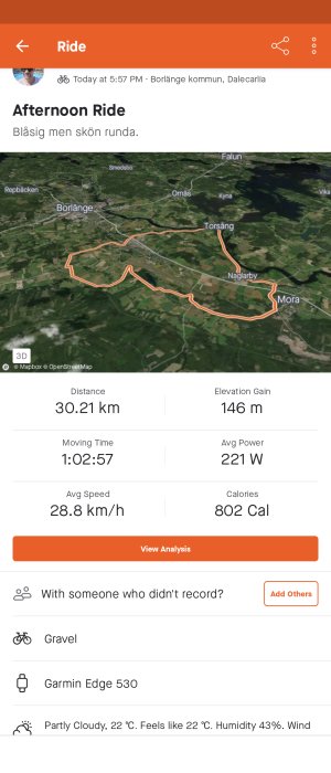 Skärmdump av en cykelturs statistik med karta, distans, tid, hastighet och kaloriförbrukning.