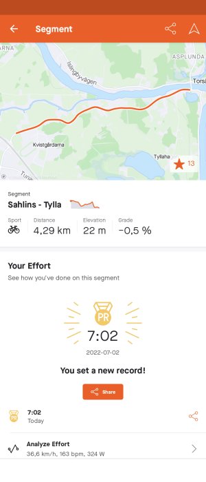 Skärmavbild av sportspårningsapp som visar cykelsegment, sträcka, tid och nytt personligt rekord.