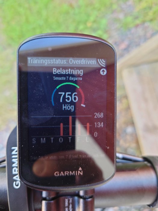 Garmin cykeldator visar träningstatus 'Överdriven' och belastningsvärde på skärmen.