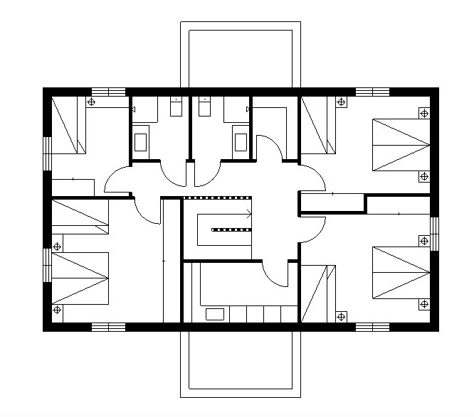 Svartvit ritning av en detaljerad våningsplanslayout med möbler och måttmarkeringar.