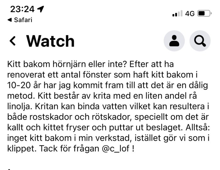 Skärmdump av ett diskussionsinlägg om varför man inte ska använda kitt bakom hörnjärn vid fönsterrenovering.