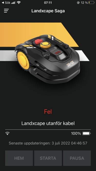 App-gränssnitt som visar robotgräsklippare Landxcape Saga fastkörd med felmeddelande "utanför kabel".