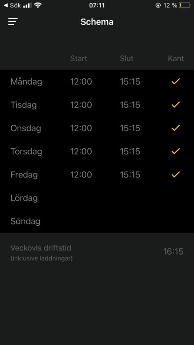 Skärmbild av ett veckoschema i en app som visar start- och sluttider med bockmarkeringar för måndag till fredag och en notering för söndag.