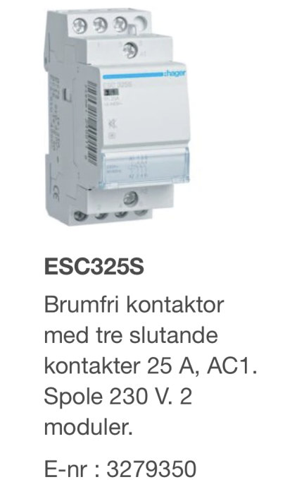 Hager kontaktor och motorskydd för 3-fas motor, märkt "ESC325S" och tekniska specifikationer.