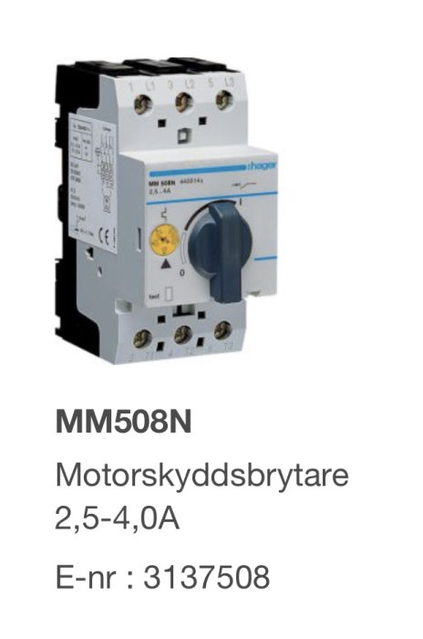 Motorskyddsbrytare MM508N med inställningar 2,5-4,0A för 3-fas motor, etikett och reglage synligt.