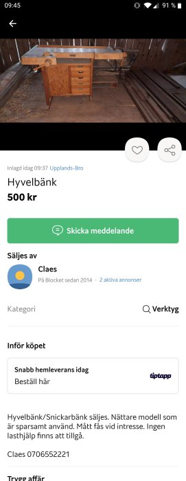 Snickerbänk till salu, sparsamt använd med lådor och skruvstäd i ett garage.