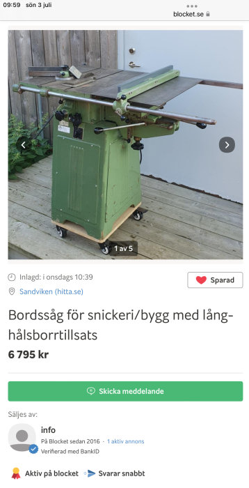 ULMIA bordsåg i grönt för snickeri med förlängningsarmar och bord på hjul.