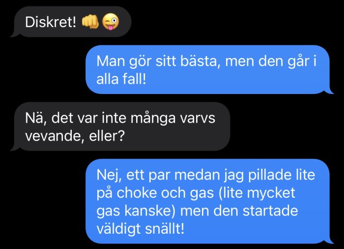 Skärmdump av en textkonversation om att starta en båtmotor sent på kvällen.