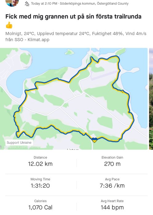 Kartskärm med en markerad löprunda på 12,02 km och statistik över hastighet och kaloriförbrukning.