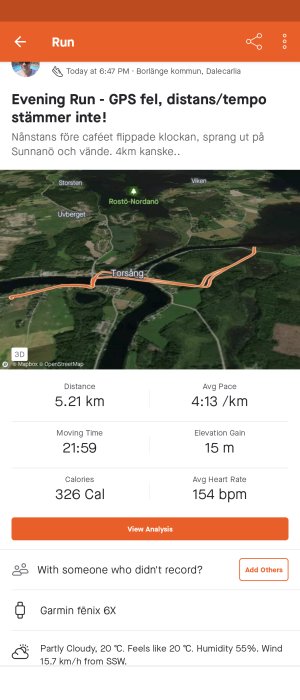 Skärmklipp av löparapp med felaktig GPS-data visar löprunda, distans 5,21 km, tid 21:59 och kartbild.