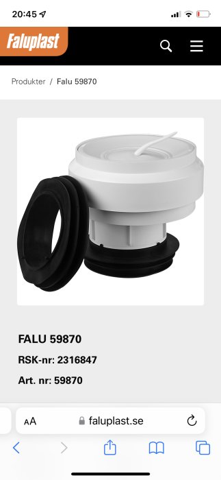 Vit plastventil FALU 59870 avsedd för VVS-installationer, visas på en webbsida.