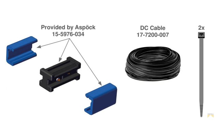 Illustration av Aspöck-släpvagnskontakt och DC-kabel för elsystem.