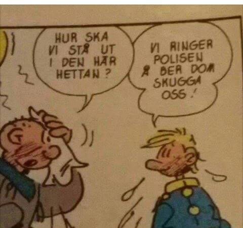 Två tecknade karaktärer i en serie, en orolig och en lugn, med pratbubblor med text.