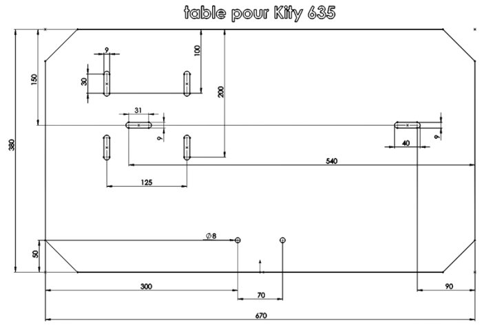 Ritning över bord till hyvelmodellen Kitty 635 med dimensioner och detaljer.