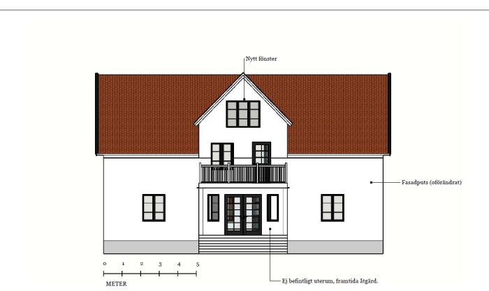 Arkitektonisk ritning av ett hus med markerat nytt fönster på vinden och befintlig fasadputs annoterat, skala angiven i meter.