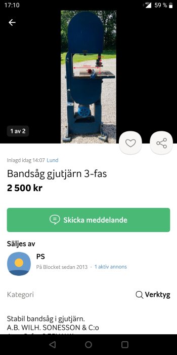 Bandgångjärn 3-fas till salu, blå, visas utomhus med mätetiketter för storlek.