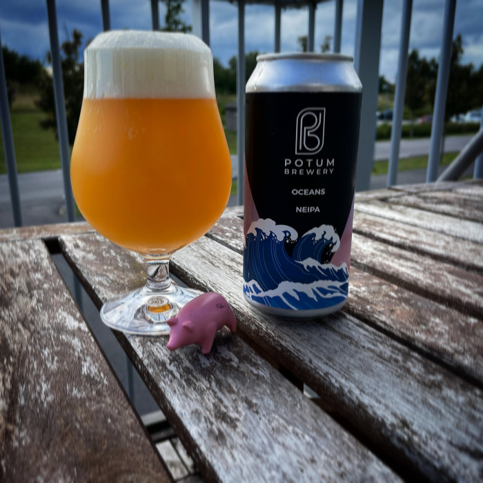 Ett glas med öl och en ölburk på ett träbord utomhus, med en liten rosa plastfigur.