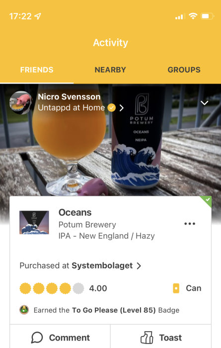 En ölglas fylld med nebulöst öl och en ölburk från Potum Brewery på ett träbord.