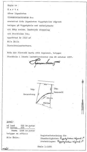 Gammal handritad karta över en fastighets gränser vid vattnet med måttangivelser och en ändringsnotis från 1937.