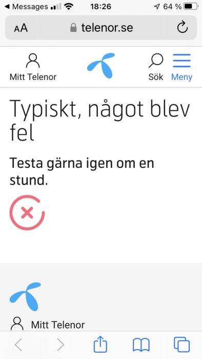 Skärmbild av Telenors webbplats med felmeddelandet "Typiskt, något blev fel" och en rosa kryssikon.