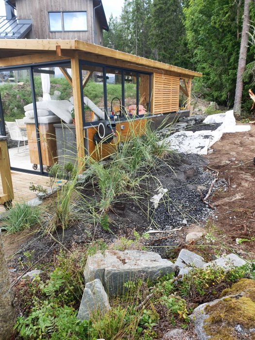 Pågående trädgårdsarbete med nyplanterad strandråg och pors, markduk samt 16-32 grus bakom en stenmur vid ett sommarhus.