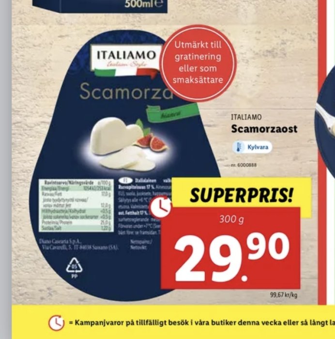 Reklam för Italiensk Scamorzaost från Lidl, rekommenderad till gratinering, pris 29.90 SEK.