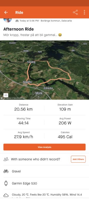 Skärmklipp av en cykeltur med statistik och karta visande rutten i terräng.