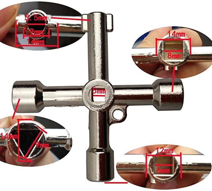 Multifunktionell korsnyckel av zinklegering med måttangivelser 5mm, 6mm, 8mm, 9mm, och 14mm för vaktmästararbeten.