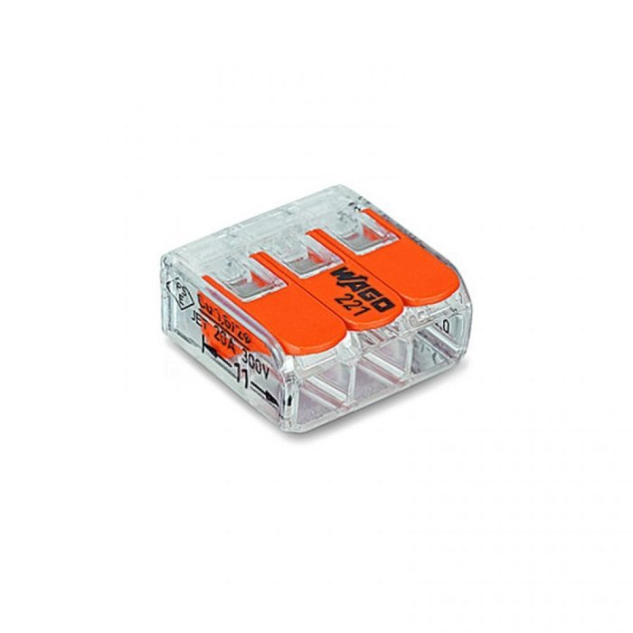 Transparent WAGO 221-3 anslutningsklämma med orange handtag för trådanslutningar.