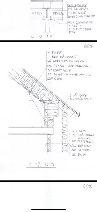 Handritad byggkonstruktionsteckning med måttangivelser och materialbeteckningar för renovering av hus från 1900-tal.