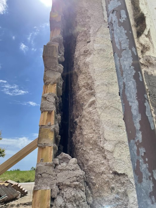 Delvis riven gammal vägg med synlig sten-cementstruktur och trästöd, utan luftspalt.