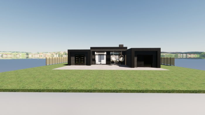 3D-visualisering av enplanshus med modern design, framsida med entré och garage, mot vattenlandskap.