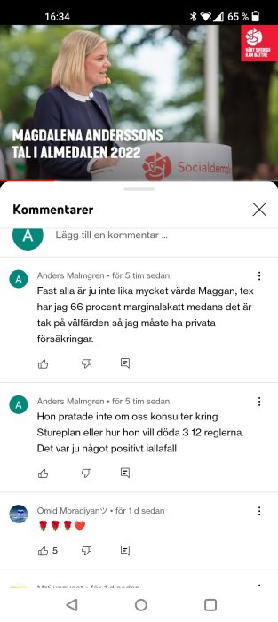 Skärmbild av en webbsändning som visar en politiskt tal i Almedalen 2022.