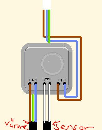 Skiss av installation för värmegolv med ledningar och sensor märkt.